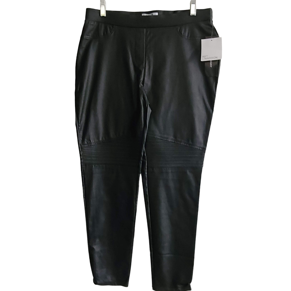 89TH & MADISON‎ Black Coated Rayon Moto Pull-On Pants Women's Large NWT